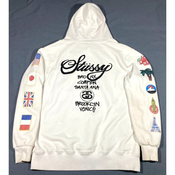 Stussy World Tour Flags White Hoodie Pullover Sweatshirt Youth Large Poor Cond. - Picture 1 of 14